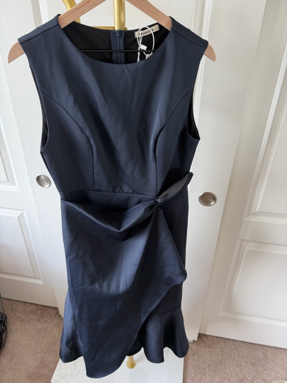 Sleeveless Navy Midi Dress with Draped Side Knot - Unknown Brand